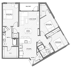 A floor plan of an apartment with a balcony, two bedrooms, a living room, a dining room, a kitchen, two bathrooms, storage, and an entry.