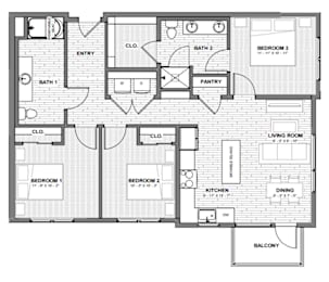 A black and white floor plan of an apartment with two bedrooms, a living room, a kitchen, a dining area, a pantry, two bathrooms, and a balcony.