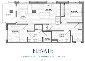 Floor Plan  A black and white image of a floor plan for an apartment named Elevate.