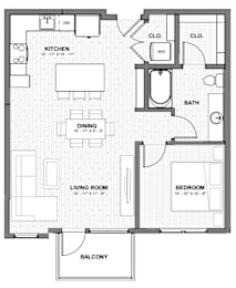 A black and white image of a house floor plan with a kitchen, dining room, living room, two bedrooms, a bathroom, and a balcony.
