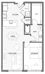 A floor plan of an apartment with a living room, dining room, kitchen, bathroom, pantry, and two bedrooms.