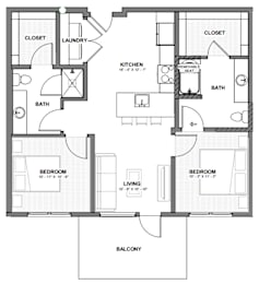 A floor plan of a house with two bedrooms, a living room, a kitchen, a bath, a laundry area, and a closet.
