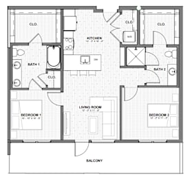 A black and white floor plan of a house with two bedrooms, a living room, a kitchen, a bathroom, and a balcony.