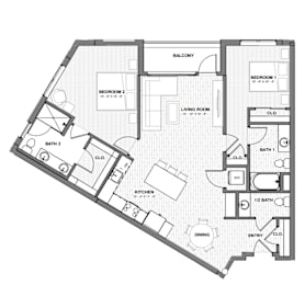 A black and white floor plan of a house with two bedrooms, a living room, a kitchen, two bathrooms, and a balcony.