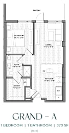 Floor Plan  A floor plan for a one bedroom, one bathroom apartment at 570 SF.