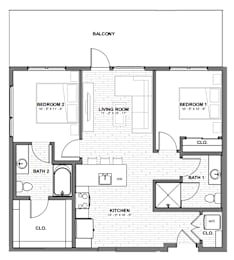 A floor plan of a balcony with two bedrooms, a living room, a kitchen, and two bathrooms.