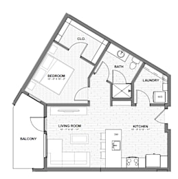 A floor plan of a house with a living room, kitchen, bedroom, bathroom, laundry, and balcony.