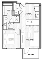 A floor plan of a house with a kitchen, living room, bedroom, and bathroom.