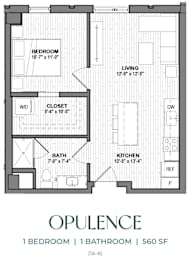 Floor Plan  A black and white image of a floor plan for a 1 bedroom, 1 bathroom apartment.