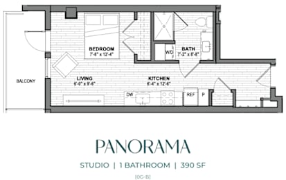 Floor Plan  A floor plan of a one bedroom apartment with a living room, kitchen, and bathroom.