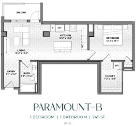Floor Plan  A drawing of aParamount-B floor plan with 1 bedroom and 1 bathroom.