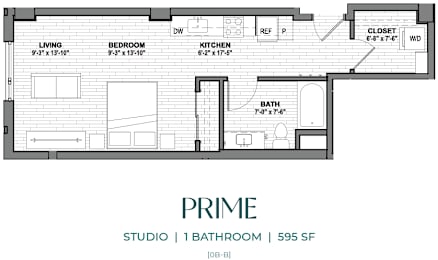 Floor Plan  A floor plan of a studio apartment with one bathroom.