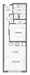 A floor plan of a small apartment with a bedroom, living room, kitchen, and bathroom.