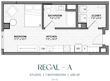 Floor Plan  A floor plan of a studio apartment with a bathroom, bedroom, and kitchen.