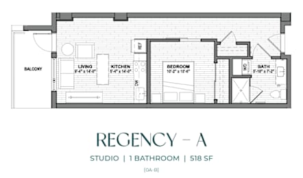 Floor Plan  A drawing of a floor plan for a studio apartment with one bathroom.