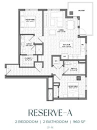Floor Plan  A floor plan for a 2 bedroom, 2 bathroom apartment at 960 SF.