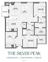 Floor Plan  A black and white image of a floor plan for a 2 bedroom, 2 bathroom apartment at 1300 SF.