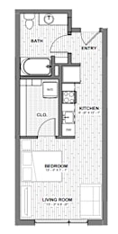 A floor plan of a small apartment with a living room, bedroom, kitchen, cloakroom and bathroom.