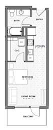 A floor plan of a house with a balcony.
