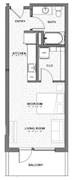 A floor plan of an apartment with a balcony.