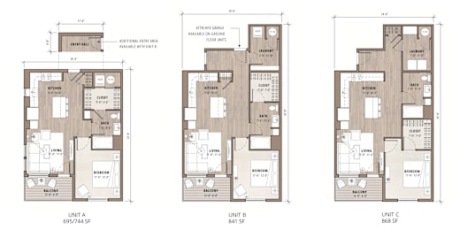 Floor Plan  Three floor plans for Unit 5F, 6F, and 7F are shown.