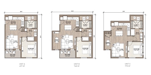 Floor Plan  Three floor plans for apartments labeled A, B, and C.