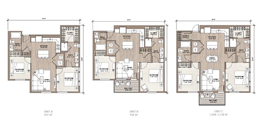 Floor Plan  Three floor plans for units A, B, and C are shown.