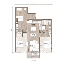 Floor Plan  A floor plan of a 1,296 square foot home with two bedrooms, a living room, a kitchen, a dining room, a laundry room, and three bathrooms.