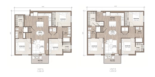 Floor Plan  Two floor plans of a residential building, labeled Unit A and Unit B, with dimensions and room descriptions.