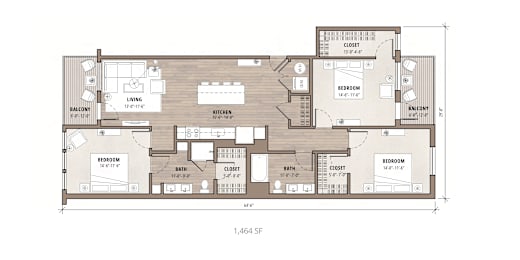Floor Plan  A floor plan of a house with a kitchen, living room, and two bedrooms.