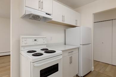 A white stove and refrigerator in a kitchen.