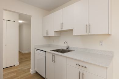 A kitchen with white cabinets and a white sink.