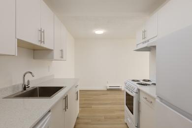 A kitchen with white cabinets and a stove top oven.