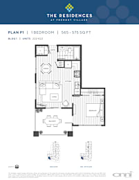 A blue and white floor plan for a one bedroom apartment.