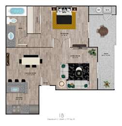 A floor plan of a one bedroom apartment with a living room, dining room, kitchen, bathroom, and closet.