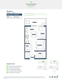 A floor plan for a studio apartment with appliances listed.