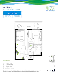 A floor plan for a 1 bedroom plus 1 bath apartment at Bent Riva Residences.