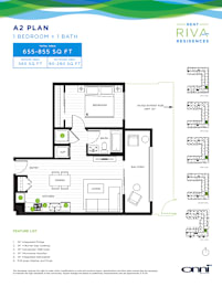 A floor plan for an apartment with a total area of 655-855 square feet, featuring one bedroom and one bath.