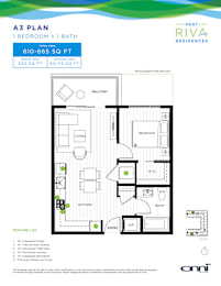 A3 Plan for a 1 Bedroom + 1 Bath rental unit by Riva Residences.