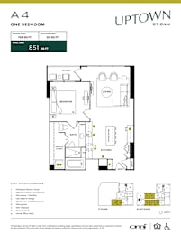 A4 one bedroom floor plan layout at Uptown by Onni Apartments, Texas