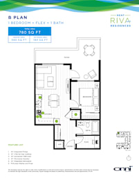 A floor plan for rent showing a 1 bedroom, flex, and 1 bath apartment.