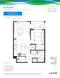 A floor plan for a 700 square foot apartment with one bedroom and one flex space.