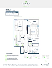A floor plan for a 1 bedroom, 1 bath apartment with appliances listed.