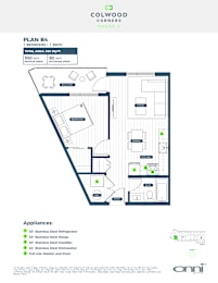 A floor plan for a one bedroom apartment with appliances listed.