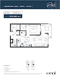 A floor plan for a 1 bedroom, den, 1 bath apartment with a feature list.