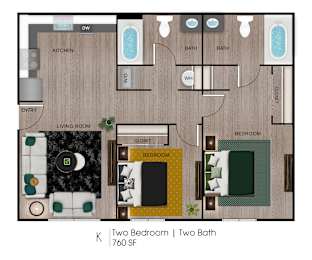 A floor plan of a 760 square foot home with two bedrooms and two baths.