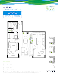 A floor plan for a 2 bedroom, 1 bath apartment at Rent Riva Residences.