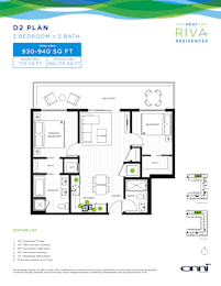 A floor plan for a two bedroom, two bath apartment at Rent Riva Residences.