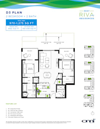 A floor plan for a 2 bedroom, 2 bath rental apartment by onni.