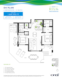 A floor plan for a 2 bedroom, 2 bath apartment with a total area of 1,520 sq ft.